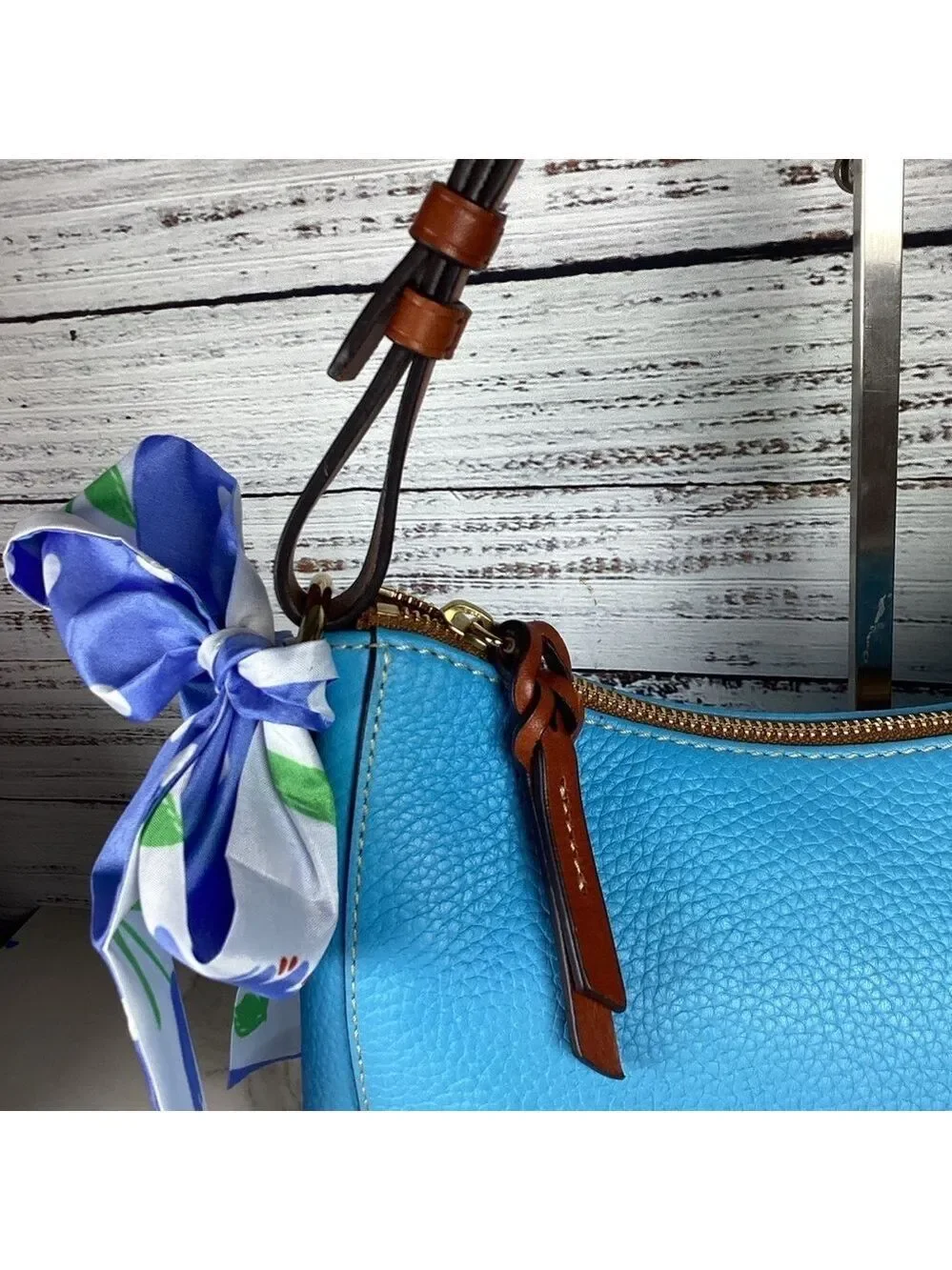 Dooney & Bourke Kiley Aqua Blue Brown Hobo Shoulder Bag Pebble leather Purse guc